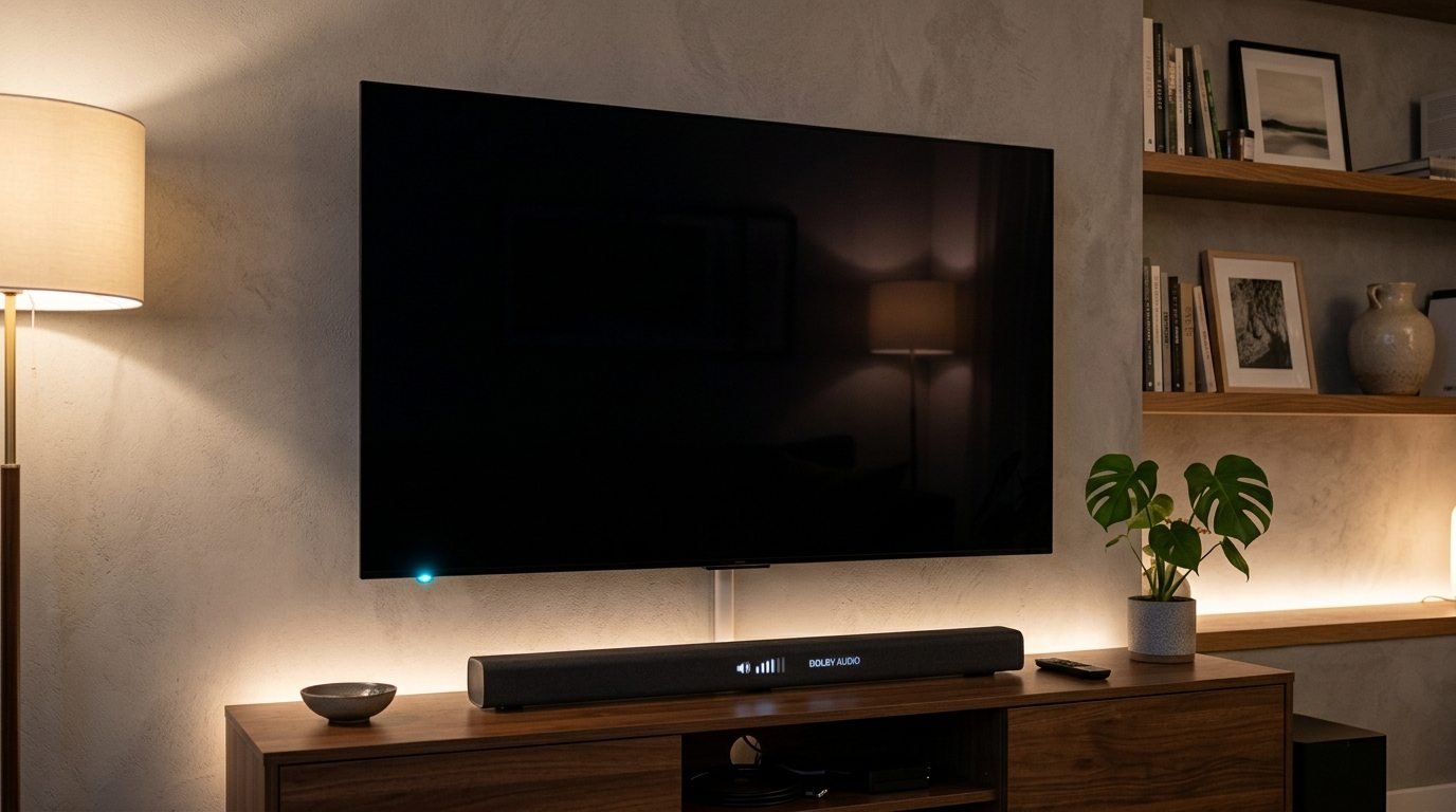 Television showing black screen while soundbar audio plays